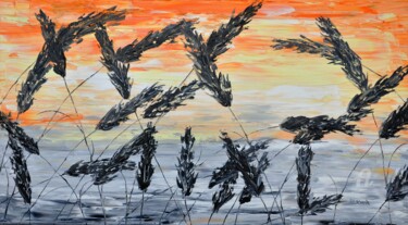 Painting titled "Grass And Red Sky" by Daniel Urbaník, Original Artwork, Oil