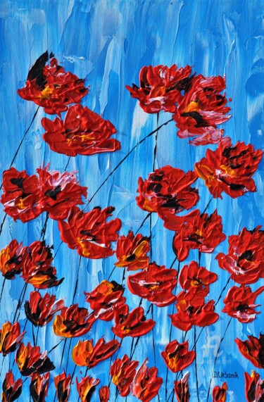 Peinture intitulée "Poppies On Blue" par Daniel Urbaník, Œuvre d'art originale, Acrylique