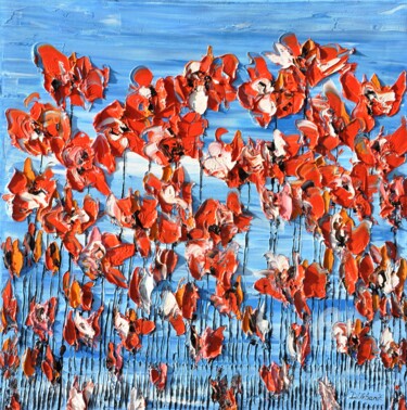 Painting titled "Poppies On Blue Sky…" by Daniel Urbaník, Original Artwork, Oil