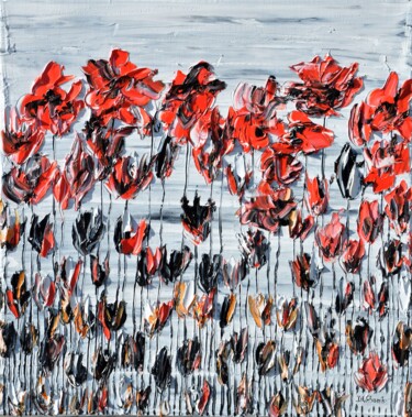 Painting titled "Poppies On Gray Sky" by Daniel Urbaník, Original Artwork, Oil