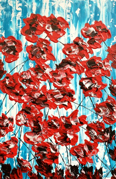 Painting titled "Poppies On Blue 2" by Daniel Urbaník, Original Artwork, Acrylic