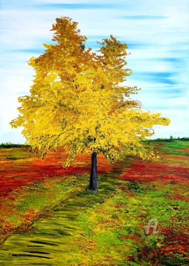 Malarstwo zatytułowany „Tree in the meadow” autorstwa Daniel Urbaník, Oryginalna praca, Akryl