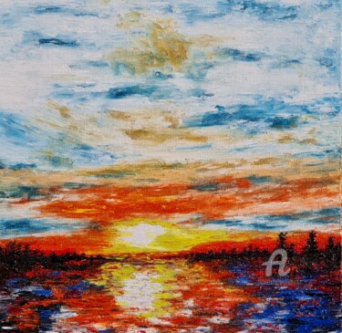 Painting titled "Red Lake 1" by Daniel Urbaník, Original Artwork, Oil