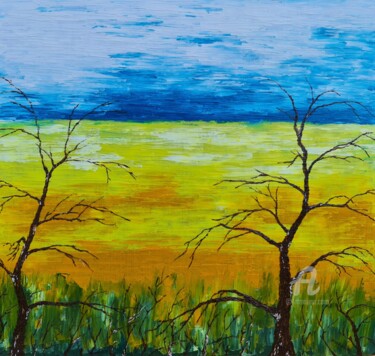 Pittura intitolato "Trees near the field" da Daniel Urbaník, Opera d'arte originale, Olio
