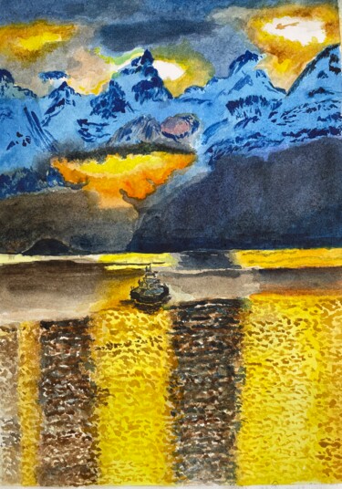 Картина под названием "Золотой закат" - Даниил Кудряшов, Подлинное произведение искусства, Акварель