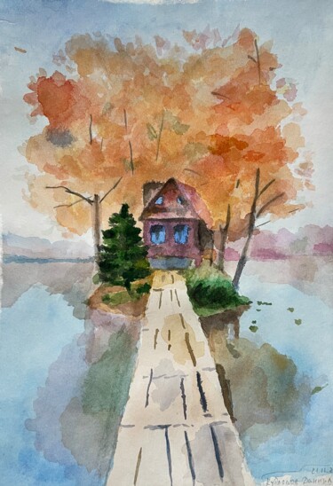 Картина под названием "Домик у озера" - Даниил Кудряшов, Подлинное произведение искусства, Акварель