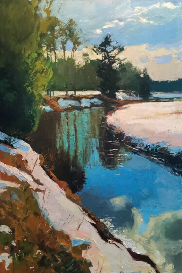 Painting titled "Spring on the Nikul…" by Daniil Mikhailov, Original Artwork, Oil Mounted on Wood Stretcher frame