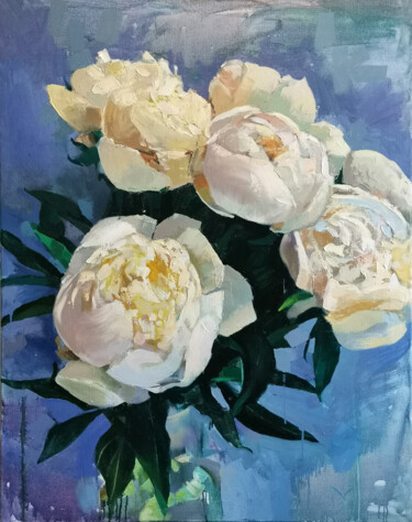 Painting titled "Peonies" by Daniil Mikhailov, Original Artwork, Oil Mounted on Wood Stretcher frame