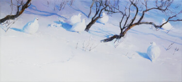Painting titled "Winter birds" by Danil Danilovskii, Original Artwork, Oil Mounted on Wood Stretcher frame