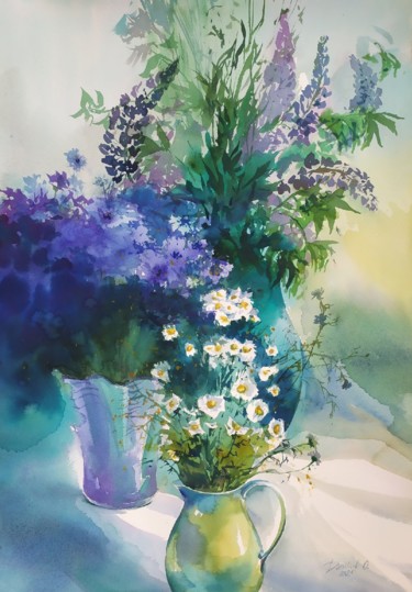 Painting titled "Azure" by Olga Daniliuk, Original Artwork, Watercolor