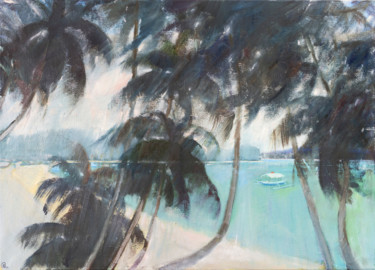 Pintura intitulada "Tropical beach seas…" por Masha Danilovskaia, Obras de arte originais, Óleo Montado em Armação em madeira