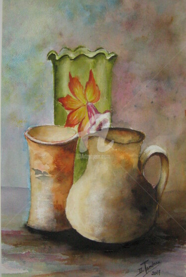 Painting titled "Vase et poterie ...…" by Dany, Original Artwork, Watercolor