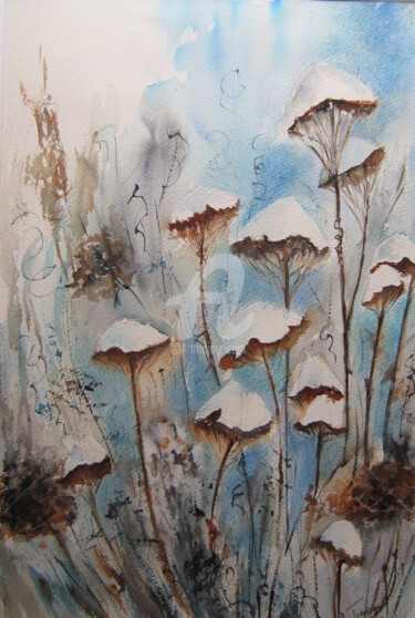 Pintura intitulada "Champignons de neige" por Dany, Obras de arte originais, Aquarela