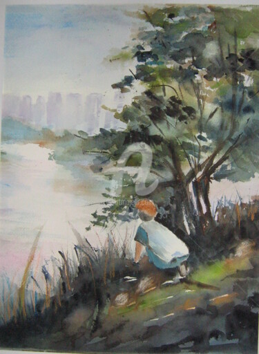 Painting titled "C'est loin la ville…" by Dany, Original Artwork, Watercolor