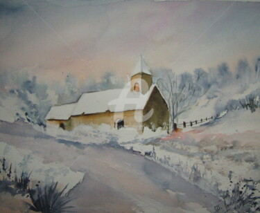 Pintura intitulada "Eglise sous la neige" por Dany, Obras de arte originais, Aquarela