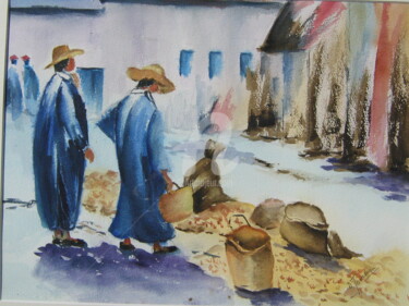 Painting titled "Marché marocain" by Dany, Original Artwork, Watercolor
