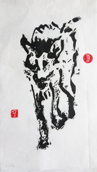 Gravures & estampes intitulée "El Coyote" par Danka Stepan, Œuvre d'art originale, Linogravures