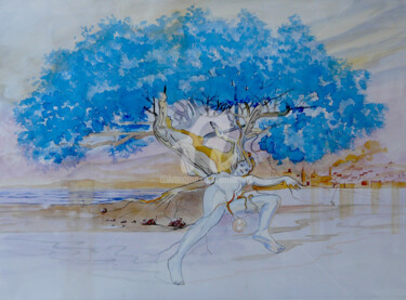 Pittura intitolato "l'abre bleu de la v…" da Daniel Lanoux, Opera d'arte originale, Acquarello