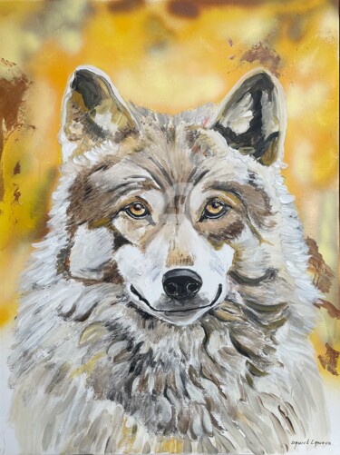 Schilderij getiteld "Loup" door Daniel Lanoux, Origineel Kunstwerk, Acryl Gemonteerd op Frame voor houten brancard