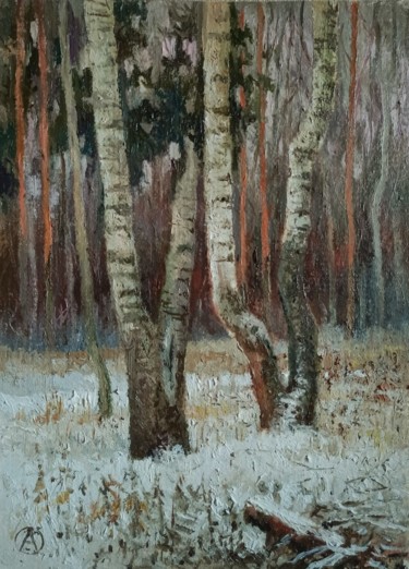 Painting titled "Winter birch tree" by Olga Goryunova, Original Artwork, Oil