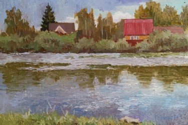 Картина под названием "Pond in the village" - Olga Goryunova, Подлинное произведение искусства, Масло