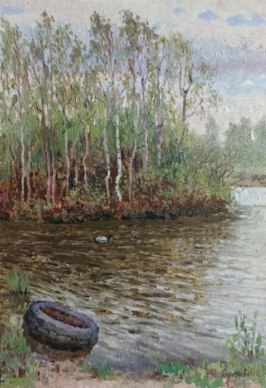 Painting titled "Pond Vnukovo" by Olga Goryunova, Original Artwork, Oil