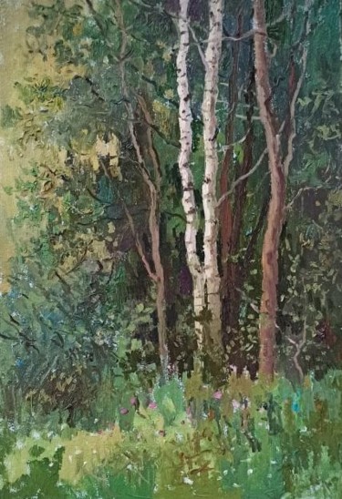 Painting titled "Two birches" by Olga Goryunova, Original Artwork, Oil