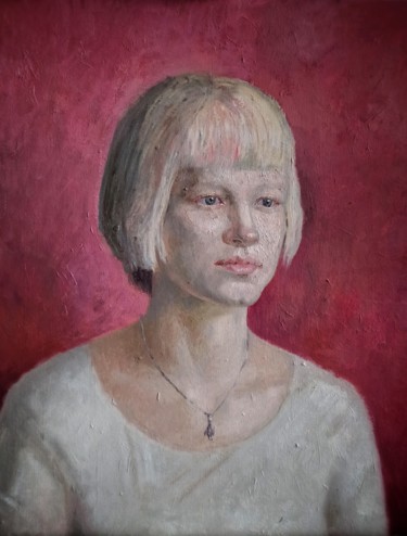 Malerei mit dem Titel "Girl on the pink ba…" von Olga Goryunova, Original-Kunstwerk, Öl