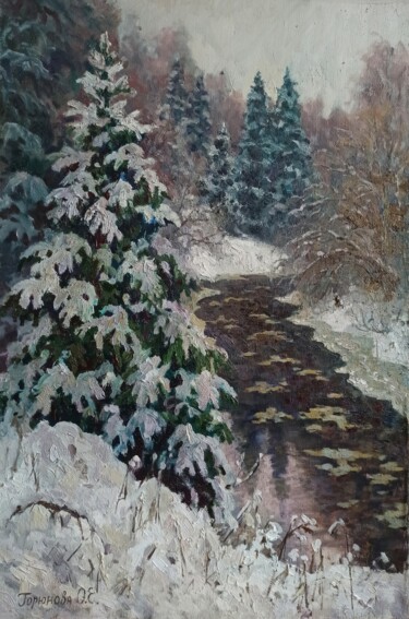Картина под названием "Snowy on the Dubna…" - Olga Goryunova, Подлинное произведение искусства, Масло