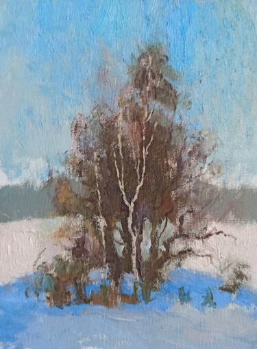 Painting titled "Birch in field" by Olga Goryunova, Original Artwork, Oil