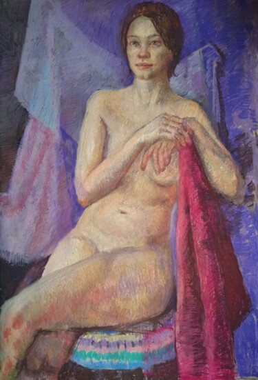 Desenho intitulada "Nude model on purple" por Olga Goryunova, Obras de arte originais, Pastel