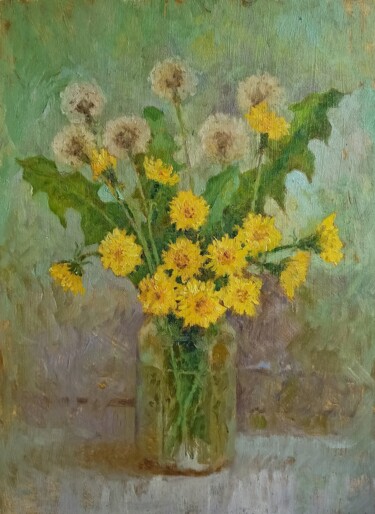 Painting titled "Last dandelions" by Olga Goryunova, Original Artwork, Oil