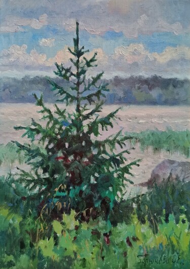 Painting titled "Young spruce near t…" by Olga Goryunova, Original Artwork, Oil