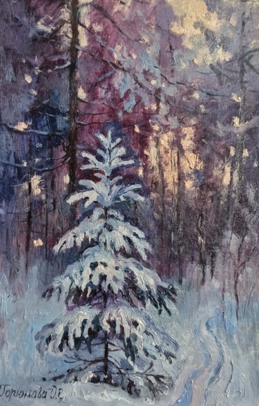 Painting titled "Young spruce in the…" by Olga Goryunova, Original Artwork, Oil