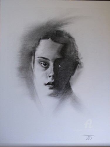 Painting titled "Just she" by Danut Lucian Tolnacs, Original Artwork, Charcoal
