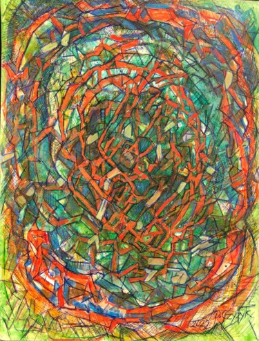 Gravures & estampes intitulée "Czerwono-zielone" par Danuta Elzbieta Czyzyk, Œuvre d'art originale, Stylo à bille