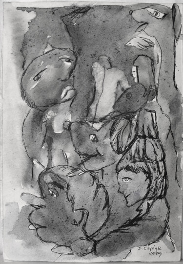 Tekening getiteld "Grupa z psem" door Danuta Elzbieta Czyzyk, Origineel Kunstwerk, Aquarel