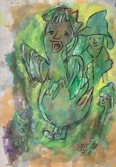 Tekening getiteld "Zielony ptaszek" door Danuta Elzbieta Czyzyk, Origineel Kunstwerk, Aquarel