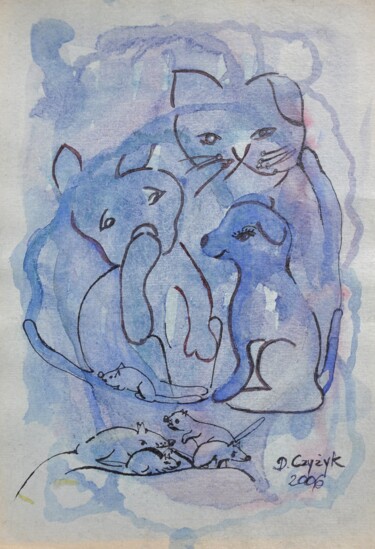 Rysunek zatytułowany „Kotek i myszka” autorstwa Danuta Elzbieta Czyzyk, Oryginalna praca, Akwarela