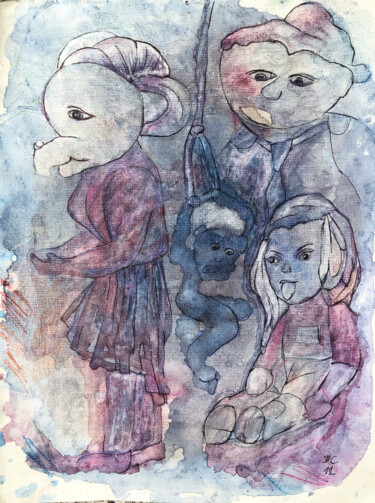 Rysunek zatytułowany „Małpka i ich Troje” autorstwa Danuta Elzbieta Czyzyk, Oryginalna praca, Akwarela