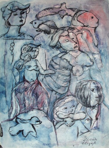 Dessin intitulée "Odkryte piersi" par Danuta Elzbieta Czyzyk, Œuvre d'art originale, Aquarelle