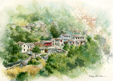 Painting titled "Village du Népal" by Dany Charrier, Original Artwork, Watercolor
