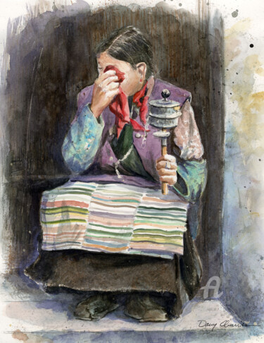 Painting titled "Les larmes du Tibet…" by Dany Charrier, Original Artwork, Watercolor