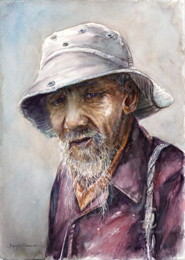 Painting titled "Tibétain à la barbe…" by Dany Charrier, Original Artwork, Watercolor