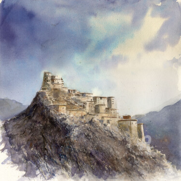 Schilderij getiteld "Dzong de Gyantse" door Dany Charrier, Origineel Kunstwerk, Aquarel