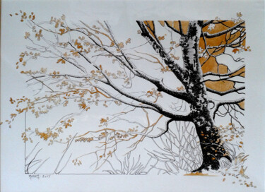 Drawing titled "Automne" by Dany Masson, Original Artwork, Ink Mounted on Cardboard