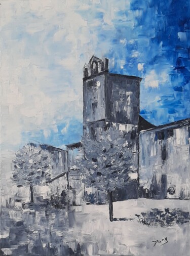 Painting titled "Beffroi de l'abbaye…" by Dany Santelli, Original Artwork, Oil Mounted on Wood Stretcher frame