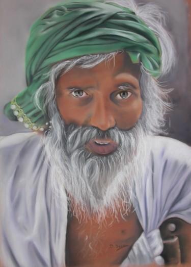 Drawing titled ""Le turban vert"" by Dany Serva, Original Artwork, Pastel