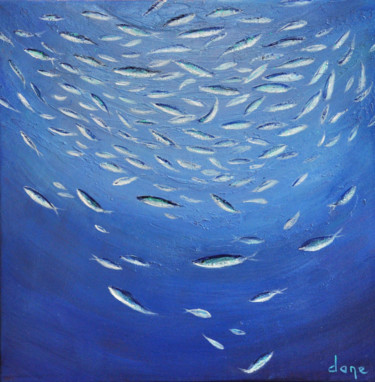 Painting titled "Poissons d'argent" by Dane, Original Artwork, Acrylic Mounted on Wood Stretcher frame