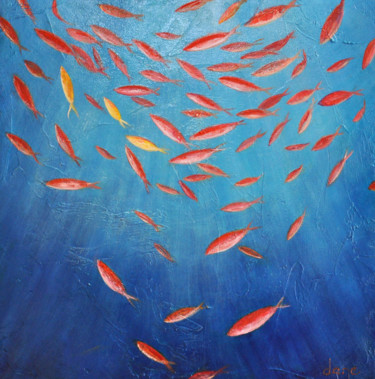 Painting titled "Les poissons rouges" by Dane, Original Artwork, Acrylic Mounted on Wood Stretcher frame